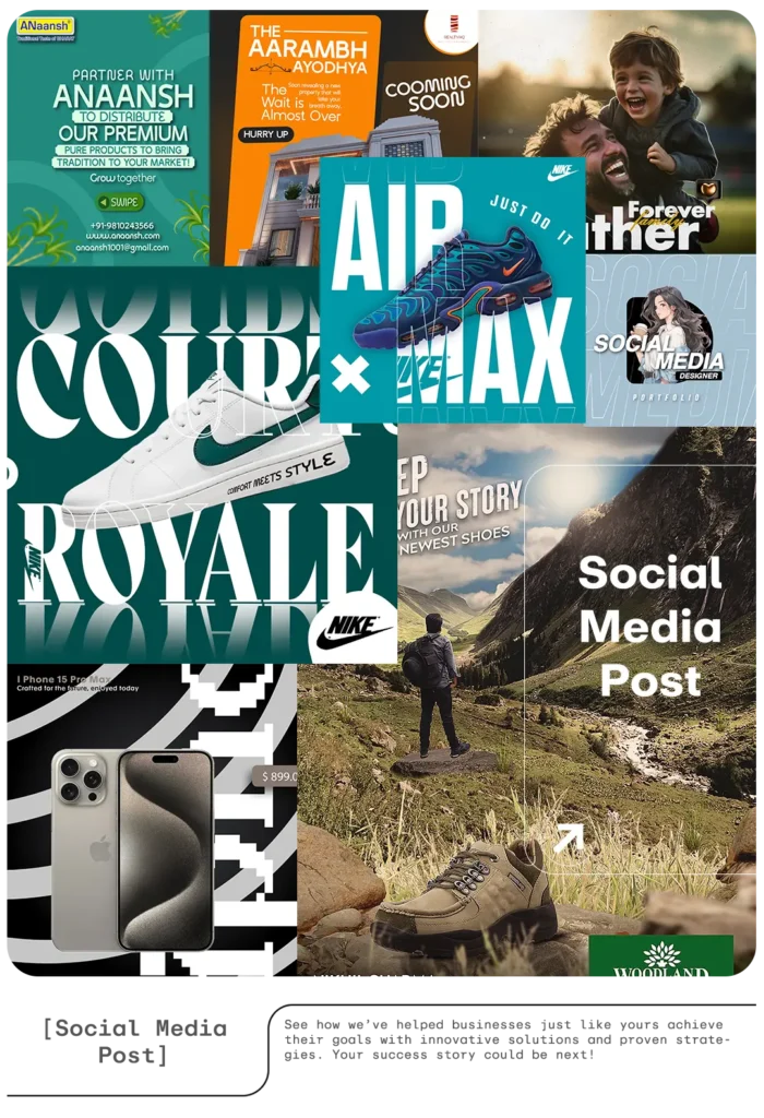 A collage of various social media posts featuring different products such as sneakers, phones, and promotional campaigns.